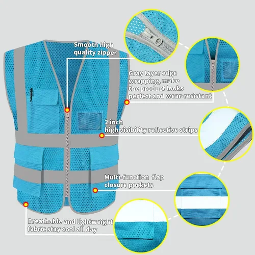 Miniatura 3 de HYCOPROT Chaleco reflectante de seguridad de malla de alta visibilidad con bolsillos y cremallera, cumple con las normas ANSI/ISEA Celeste