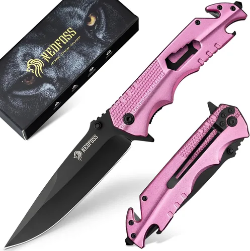 Miniatura 7 de NedFoss FA48 - Cuchillo de bolsillo para hombres, cuchillo plegable multiherramienta 5 en 1 con bloqueo de marco, abrebotellas, rompevidrios