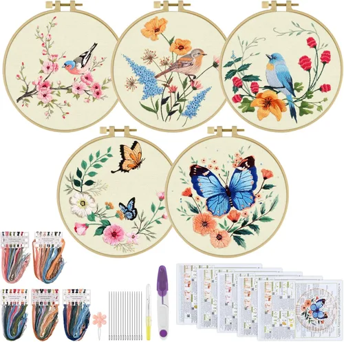 Miniatura 10 de ERKOON 5 Kits de Bordado para Principiantes, Juego de Costura Manual de Manualidades Kit de Inicio de Punto de Cruz de Hongos, Kits de Bordado DIY