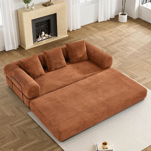 Miniatura 21 de DAMAIFROM Sofá cama convertible con almohada cilíndrica, sofá cama plegable de pana con marco de forma fija, sofá modular de suelo para sala de Beige
