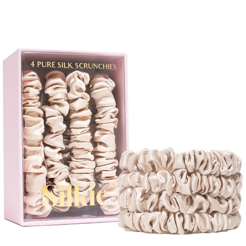 SILKIE Juego de 4 coleteros de seda de morera 100% pura, color negro, marrón, chocolate, rosa, nude, neutro, bolsa de viaje para todos los días,