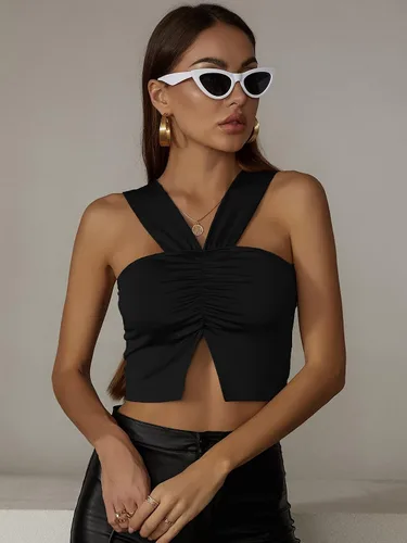 Miniatura 3 de SheIn Top sin mangas con abertura fruncida, sin mangas, para mujer