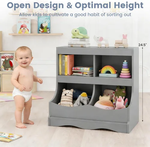 Miniatura 3 de Costzon Organizador de almacenamiento de juguetes, estantería para niños de 4 compartimentos con estribo y tarjeta de nombre, estantería de madera