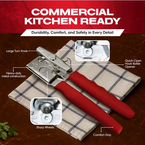 Miniatura 2 de Abridor de latas comercial Chef-Master, abrelatas manual multiusos, perillas de agarre antideslizantes de giro fácil, discos de corte afilados