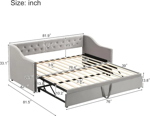 Miniatura 2 de Harper & Bright Designs Sofá cama extensible de terciopelo de tamaño individual con nido desplegable, marco de sofá cama individual a King con Gris