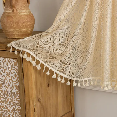 Miniatura 3 de YJ YANJUN - Cortinas de café boho, 24 pulgadas de largo, 2 paneles, cada una de 59" de ancho x 24" de largo, beige, con crochet, cortinas de cocina