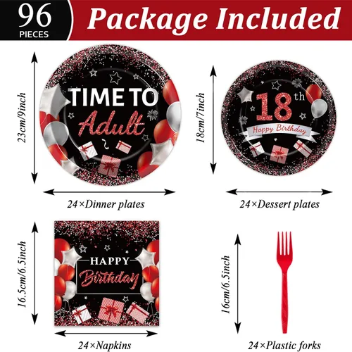 Miniatura 2 de gisgfim 96 piezas de suministros para fiesta de cumpleaños de 18 años, platos de papel, servilletas, hora de ser adulto, rojo y negro, juego
