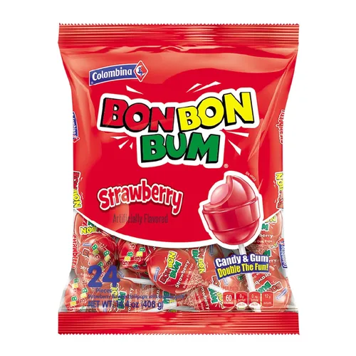 Colombina Bon Bon Bum - Paletas de fresa, caramelos duros de frutas, paletas de fresa dulces envueltas individualmente, 24 unidades