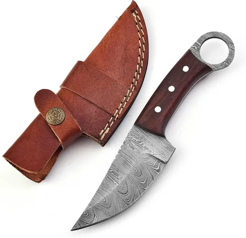 Cuchillo de caza de hoja de acero de Damasco con lazo para cinturón de cuero, cuchillos de damasco de hoja fija para hombres, el mejor cuchillo de