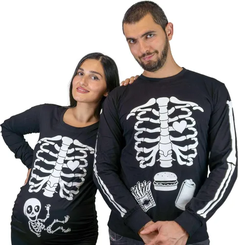 Pareja de Halloween brilla en la oscuridad camisas de manga larga bebé rayos X camiseta de maternidad para hombres comida hamburguesa esqueleto