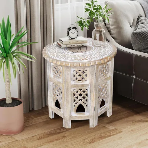 Miniatura 8 de Mesa auxiliar en madera de mango - Mesa auxiliar de madera maciza artesanal, mesa de acento tallada para decoración de sala de estar, dormitorio