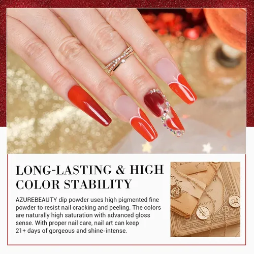 Miniatura 6 de AZUREBEAUTY - Juego de uñas en polvo para inmersión, rojo navideño, borgoña, rosa, baya, brillo, blanco, plata, purpurina, 6 colores, kit