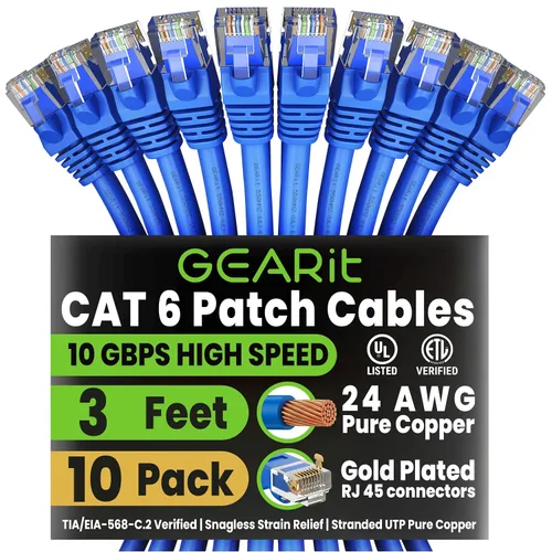Miniatura 70 de Paquete de Cable Ethernet Cat 6 GEARit - Pack de 10 cables de conexión Ethernet Cat6 de 15 pies Cable de conexión de red RJ45, conectores dorados