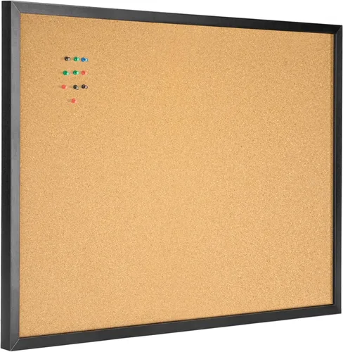 OWLKELA Tablero de anuncios de corcho de 24 x 36 pulgadas, tablero de corcho enmarcado negro, corcho con marco de roble negro, tablero de visión y