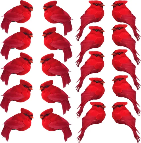 Miniatura 10 de BANBERRY DESIGNS Adornos de Navidad cardenales con clip, decoraciones de cardenal Hoiiday con clips plateados, cuerpos flocados rojos con alas