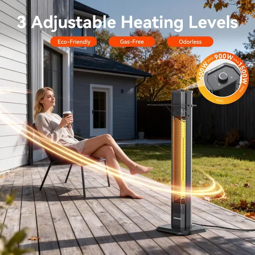 Miniatura 4 de VAGKRI - Calentador eléctrico para exteriores de patio, 1500 W, 91 cm de infrarrojos con 2 tubos de calor, 3 niveles, protección contra volcadura