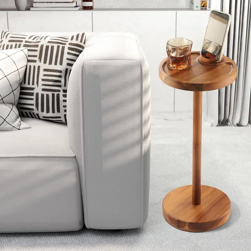 Miniatura 7 de Mesa auxiliar de pedestal, mesa de bebida de acacia con base pesada, mesa auxiliar redonda pequeña para espacios pequeños con soporte para teléfono