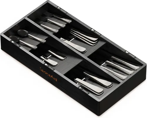 SpaceAid Organizador de cajones de bambú para cubiertos con etiquetas, organizador de bandeja de utensilios de cocina para almacenamiento y