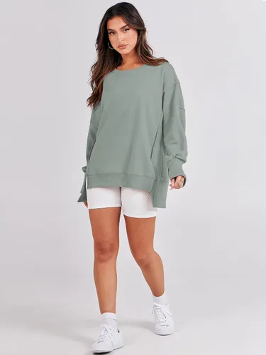 Miniatura 6 de ANRABESS Sudadera de gran tamaño para mujer, cuello redondo, manga larga, casual, con abertura, sin botones, ropa de otoño