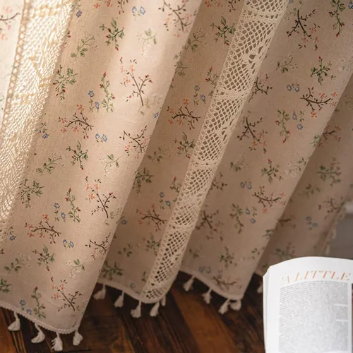 Miniatura 5 de Deeprove Cortinas bohemias para dormitorio, rayas huecas de ganchillo crema y estampado floral, tela de lino de algodón, con borlas beige bohemias