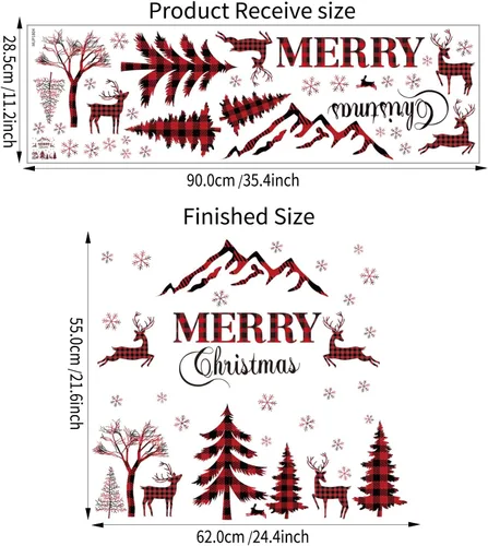 Miniatura 7 de Adhesivo de pared de Navidad - Árbol de bufalo de cuadro rojo y negro, pegatinas de ventana de venado, nieve removible para decoración del hogar