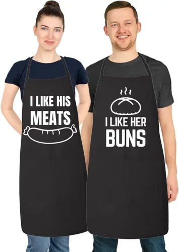 Juego de delantales a juego para él y para ella: I Like her Buns, I Like His Meat, delantales de cocina para parejas, aniversario, regalo de boda
