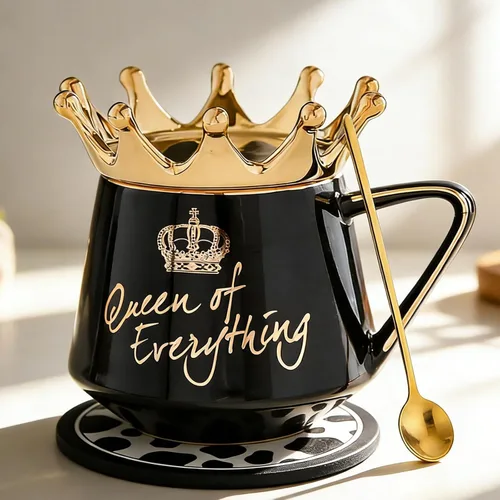 Arawat Queen of Everything - Taza con tapa, taza negra dulce con corona de café, taza de 12 onzas, regalo con cuchara y posavasos, taza de té de
