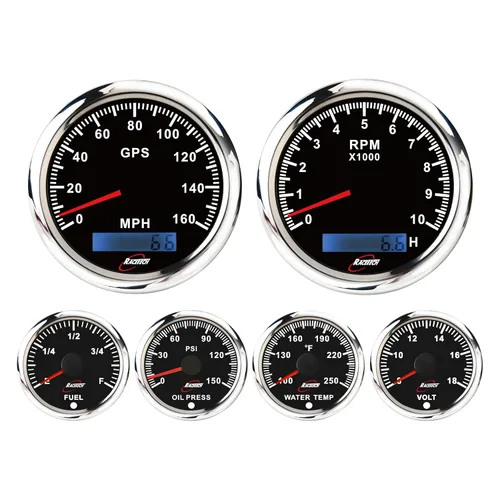 Miniatura 9 de RACETECH Juego de 6 Instrumentos – Velocímetro GPS de 85mm 260 km/h y Tacómetro 10000 RPM – Medidores de 52mm de Combustible, Aceite, Temperatura