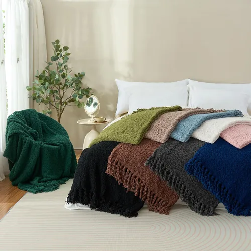 Miniatura 7 de Manta para sofá, lujosa de punto negra de 50"x60", con textura y borlas confeccionada a mano, para cama, sofá, decoración rústica y boho