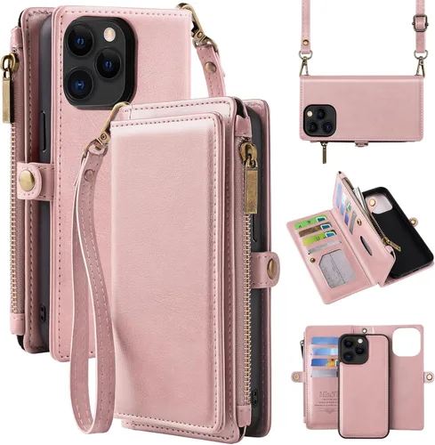 Funda tipo cartera para iPhone 13, magnética, desmontable, con bloqueo RFID, funda de piel sintética con correa para mujeres y hombres, marrón