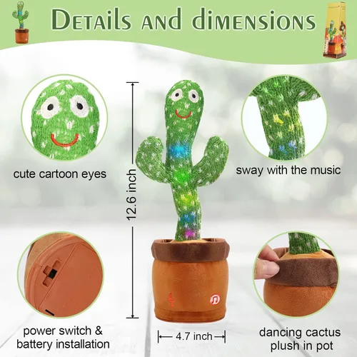 Miniatura 5 de Emoin - Juguete de cactus que baila y habla para bebés, niños y niñas, juguetes de cactus que cantan, imitan, graban y repiten lo que dices