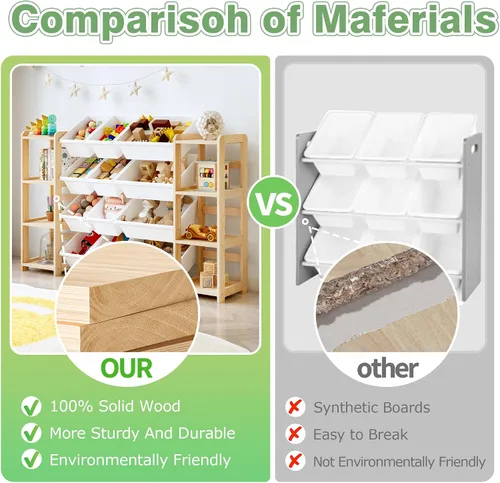 Miniatura 3 de MallBest Organizador de almacenamiento de juguetes extra ancho con 12 contenedores y estantes dobles, estante de madera de pino maciza para niños