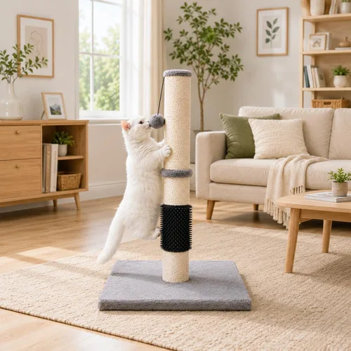 Miniatura 2 de MeowHomm Poste rascador para gatos de 32 pulgadas con cepillo para gatos, cuerda de sisal, poste rascador alto para gatos con bola colgante suave