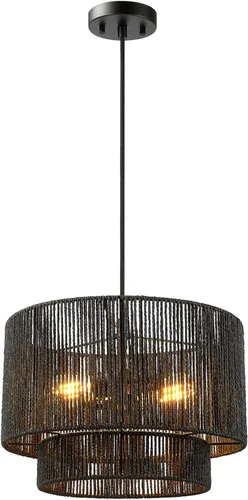Miniatura 4 de GLOBE Electric 67000102 Lámpara colgante de 2 luces, negro mate, pantalla de hilo de papel, cable de tela trenzada, iluminación de isla de cocina