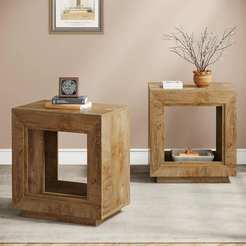 Miniatura 11 de Tribesigns Mesa auxiliar de madera rústica, mesa auxiliar cuadrada de 2 niveles con estante de almacenamiento, mesa auxiliar industrial para sofá