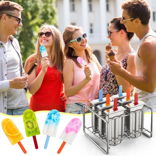 Miniatura 6 de Jingmore Moldes de acero inoxidable, 6 moldes de metal de cabeza redonda con soporte y palos reutilizables, para hacer helados de metal para yogur