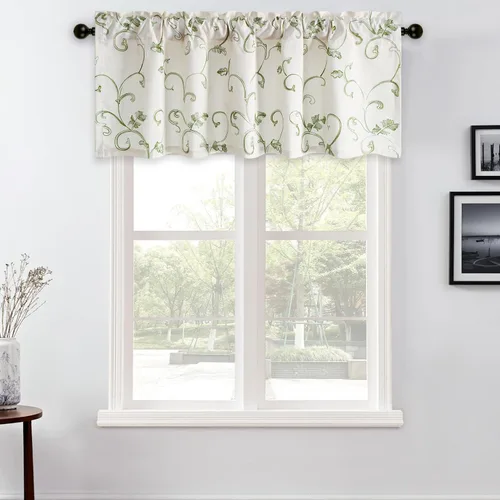Miniatura 2 de VOGOL - Cenefa de cortinas bordadas con vides, cenefa con bolsillo para ventanas, 52 x 18 pulgadas, verde pasto
