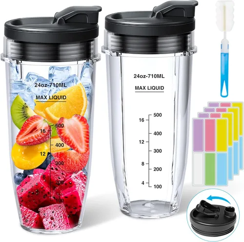 GuanQiao Paquete de 2 vasos de licuadora de 24 oz: Reemplazo para Ninja, con tapa con cierre hermético, cepillo de limpieza y 24 etiquetas