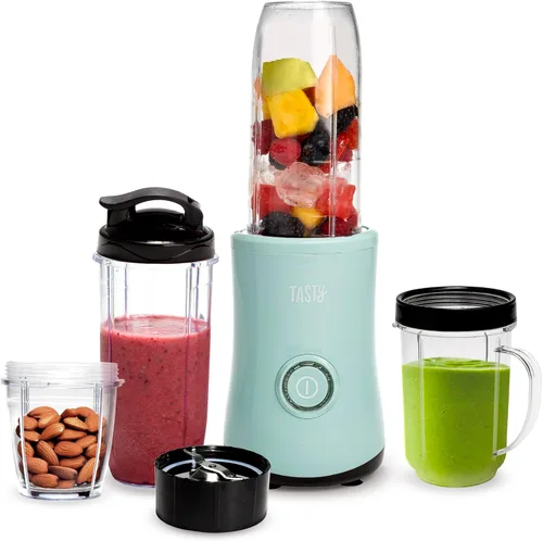 Tasty Licuadora personal con taza, potente motor de mezcla de 350 W, juego de 9 piezas con 4 tazas y tapa de viaje, compacta y portátil, aguamarina