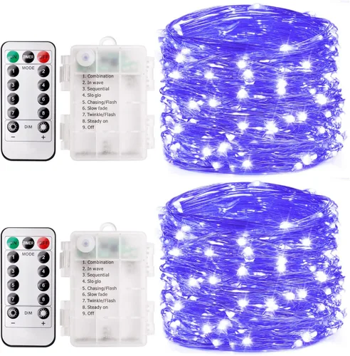 Paquete de 2 luces LED negras de 16.4 pies, 50 luces LED de hadas UV, funciona con pilas con control remoto y temporizador, 8 modos de luces UV