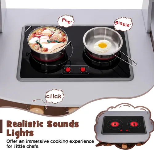 Miniatura 3 de Costzon Juego de cocina esquinera para niños, cocina de madera con sonidos y luces, lavadora, máquina de hielo, microondas, horno, fregadero