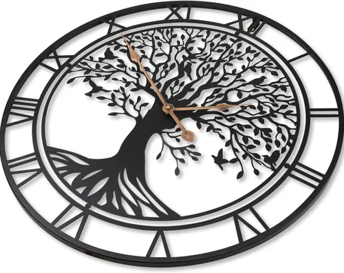 Miniatura 3 de Dankeit Reloj de pared con diseño de árbol de la vida, reloj de pared de metal negro de 24 pulgadas con árbol familiar de gran tamaño para sala