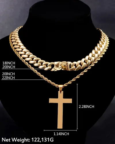 Miniatura 7 de 2 collares de cruz para hombres y mujeres, cadena de eslabones cubanos de plata dorada y negra para hombres, cadena de cuerda en capas, collar