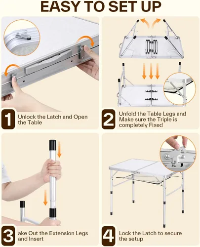 Miniatura 8 de Sportneer Mesa de campamento: Mesa plegable pequeña de altura ajustable de 35.4 pulgadas de largo x 23.6 pulgadas de ancho con 2 capas de malla
