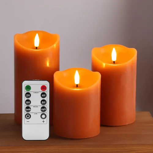 Miniatura 9 de Eywamage Velas de pilar sin llama de corteza de abedul con control remoto, velas LED rústicas parpadeantes con batería, juego de 3 Top plano