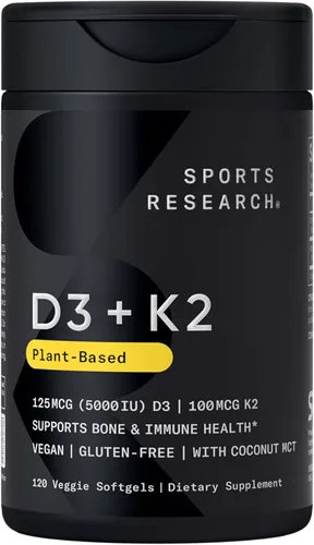 Sports Research® Vitamina D3 + K2 con aceite de coco, vitamina D vegana 5000iu y vitamina K Mk7 de 100 mcg para apoyo óseo e inmunológico,
