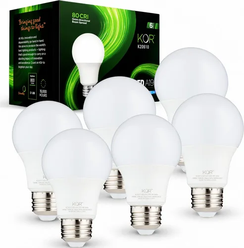 KOR Paquete de 6 bombillas LED A19 de 9 W (equivalente a 60 W), certificación UL, 3000 K (blanco suave), 800 lúmenes, no regulables, bombillas LED