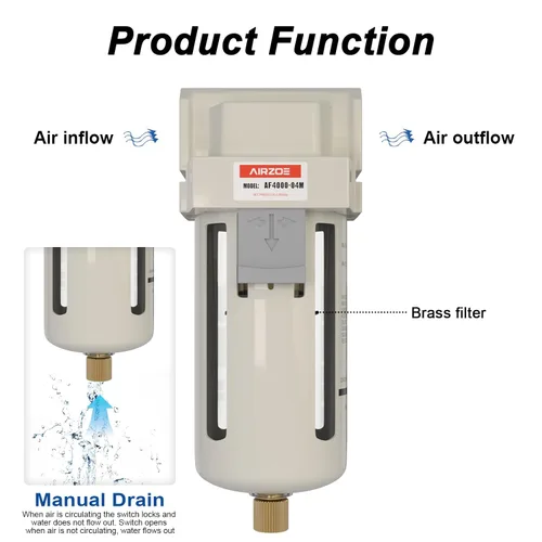 Miniatura 4 de AIRZOE 1/2" NPT Secador de Aire para Compresor - Separador de Agua del Compresor de Aire AF4000-04, Drenaje Manual, Elemento de Latón de 5 Micrones