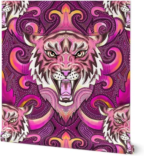 Spoonflower Muestro de papel tapiz extraíble - Pink Tigers Purple Orange Maximalist XL Jungle - Papel pintado prepegado personalizado