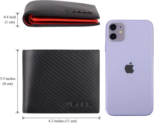 Miniatura 4 de VISOUL Billetera de cuero de fibra de carbono con bloqueo RFID para hombre con 2 ventanas de identificación cartera de cuero para hombre Negro